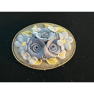 VTG Blue Floral Brooch Silver Toned Backing